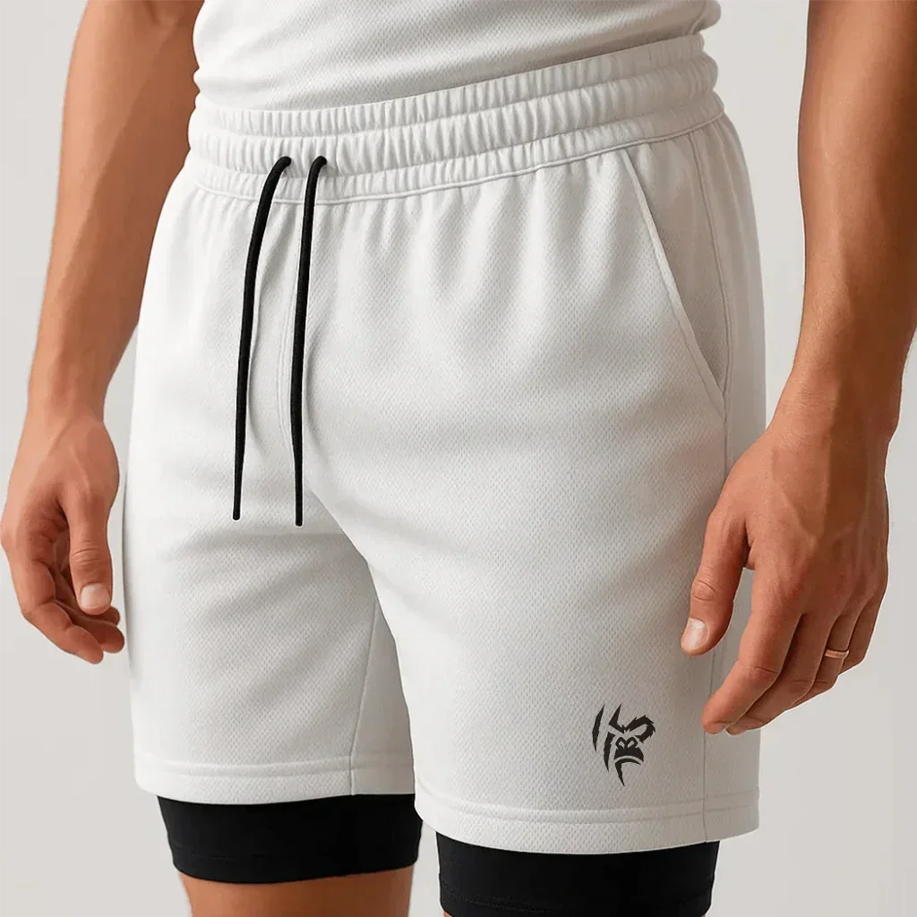 Short masculino Dry-Fit de compressão 2 em 1 com bolso interno - branco