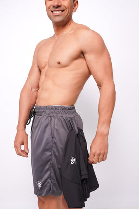 Short masculino Dry-Fit de compressão 2 em 1 com bolso interno - cinza
